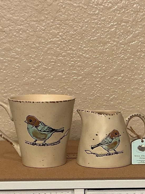 Other - Cream & Blue Bird Ceramic Mug & Creamer Set